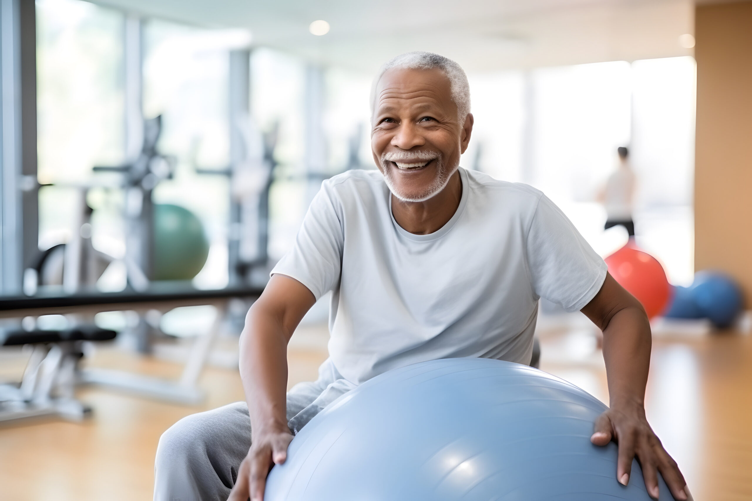 A man on an exercise ball enjoys fun physical activities for seniors in an assisted living facility gym.