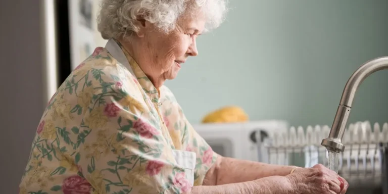 elderly woman washing hands in sink